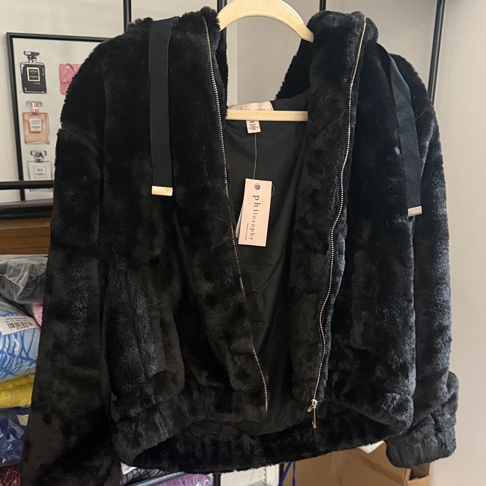 Philosophy Black Faux Fur Hooded Teddy Jacket
